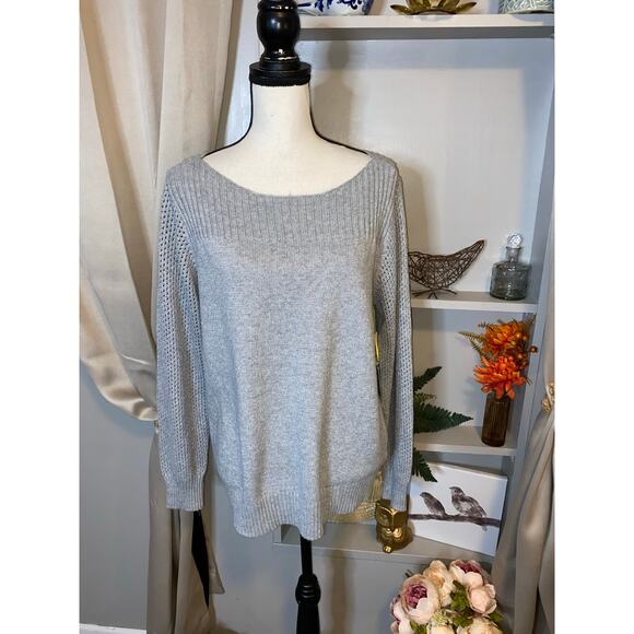 CeCe NWT $89 L Grey Sweater with Silver Thread Wide Neck Knit Holes Sleeves - Picture 1 of 12